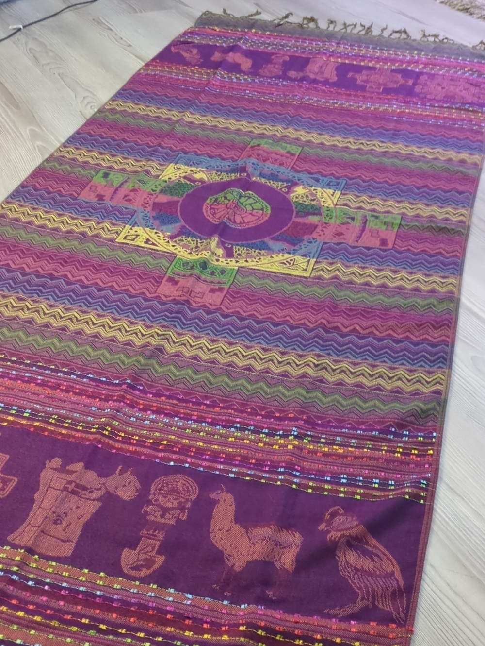 Boho Andean Pashmina Style Shawl Wrap Scarf Purple Fringe 27x70 Inca Southwester - Picture 6 of 14